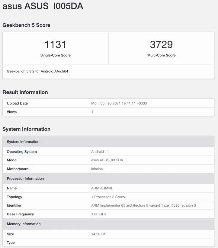 ASUS ROG Phone 5 Geekbench Listing
