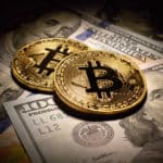 Golden Bitcoins Coins and dollar bills
