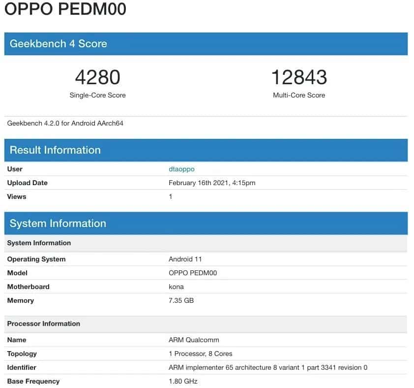 Geekbench Listing of OPPO Find X3
