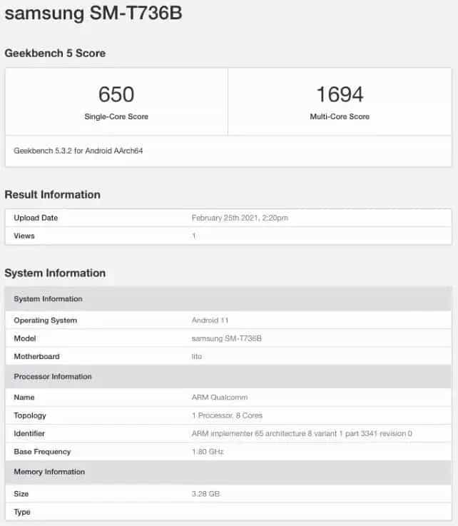 Samsung Galaxy Tab S7 Listing on Geekbench