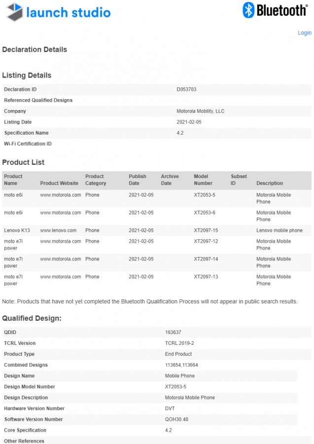 Motorola Smartphones Bluetooth Certifications