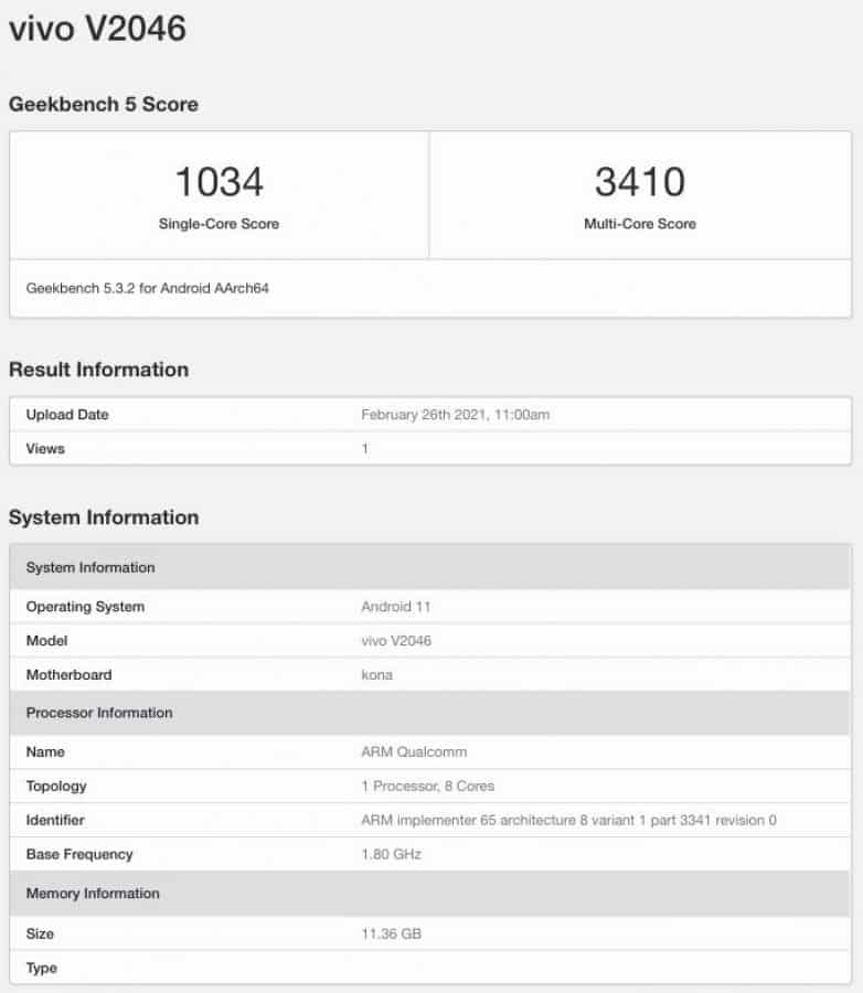 Geekbench Listing of Vivo X60 Pro