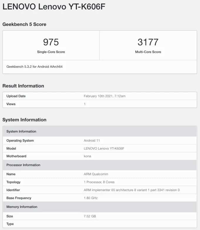 Lenovo Yoga Tab 13 Listing on Geekbench