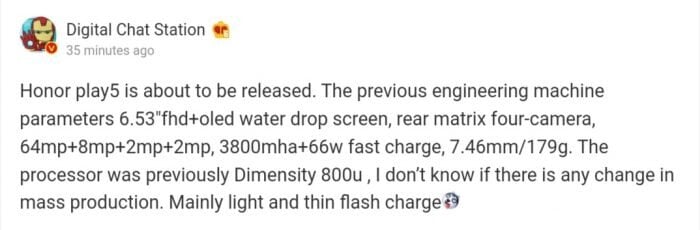 Honor Play 5 Leak by Digital Chat Station