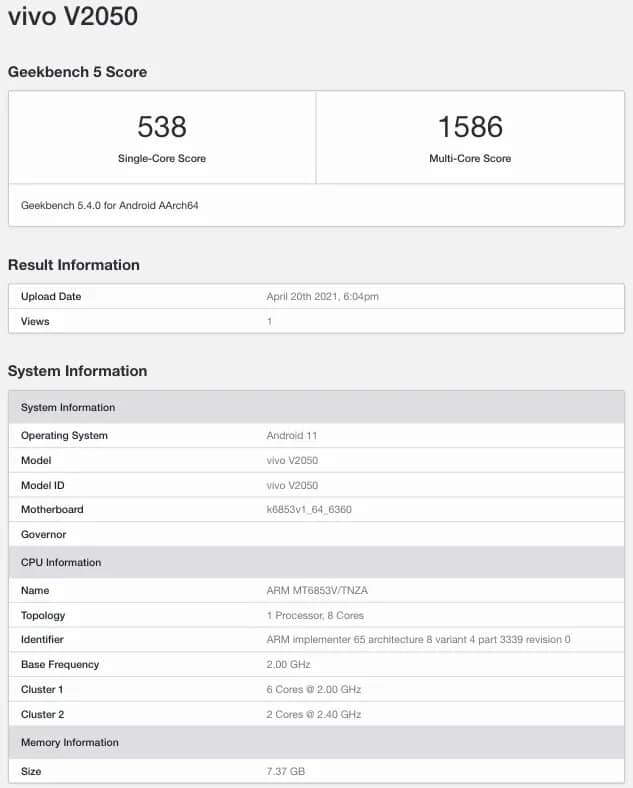 Vivo V21 5G Geekbench Listing