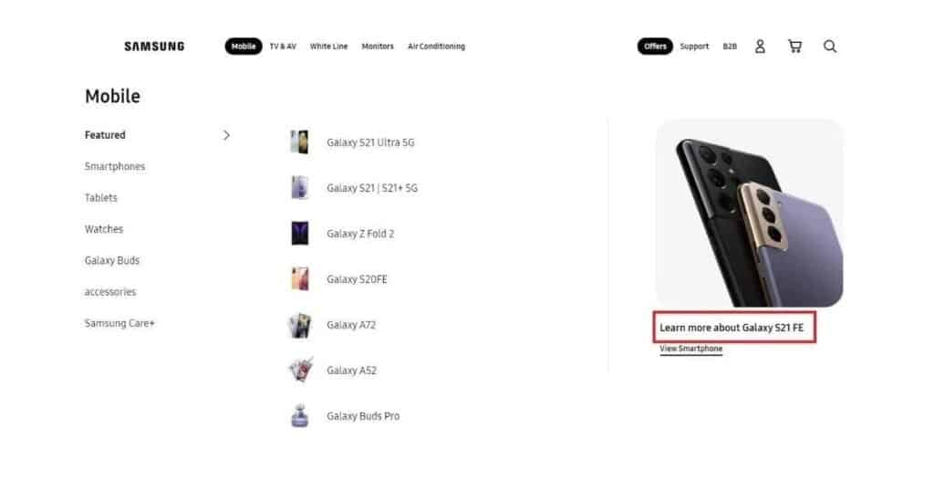 Galaxy S21 FE Listining in Samsung Mexico