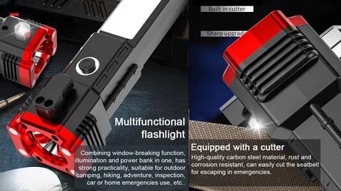 Portable LED Flashlight Work Light Power Bank Emergency Safety Hammer