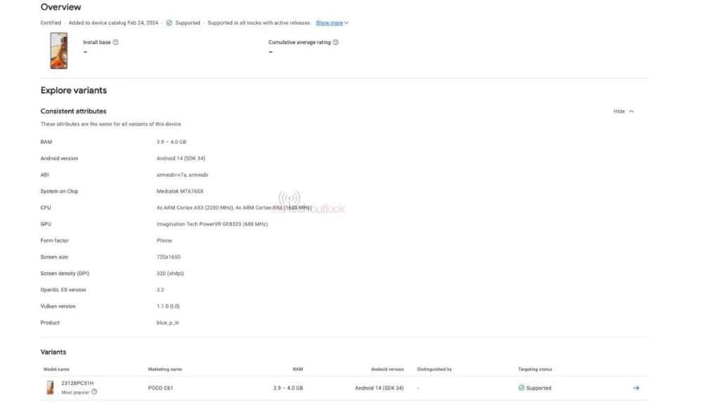 POCO C61 Listing on Google Play Console