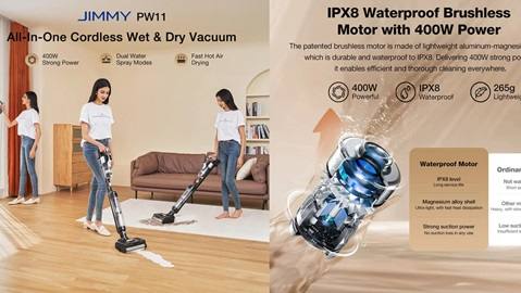 JIMMY PW11 All-in-one Cordless Vacuum & Washer (400W Strong Power, Single Brush Roll)