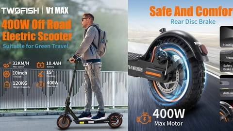 TWOFISH V1 MAX Electric Scooter (400W Motor, 32km/h Max Speed, 25km Range)