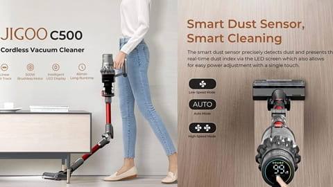 JIGOO C500 Cordless Vacuum Cleaner (33KPa Suction, 500W Motor, Smart Dust Sensor)