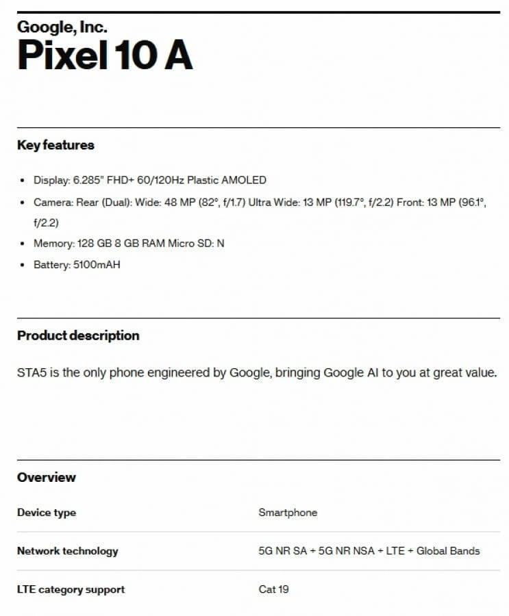 Verizon Listing of Google Pixel 10a